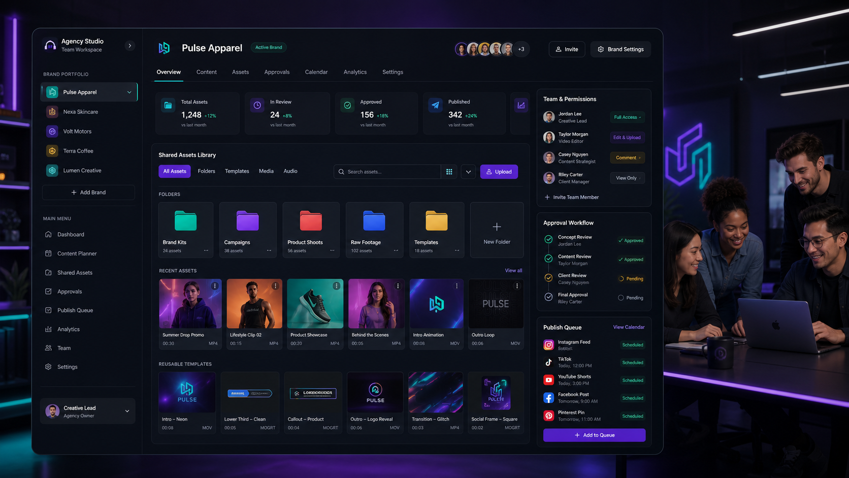 Shared agency asset library with team permissions, approvals, and publishing queues