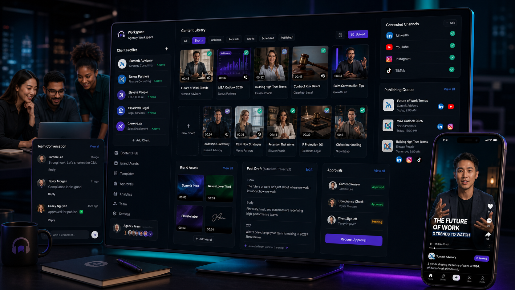 Consultancy agency workflow with shared assets, approvals, and connected social profiles