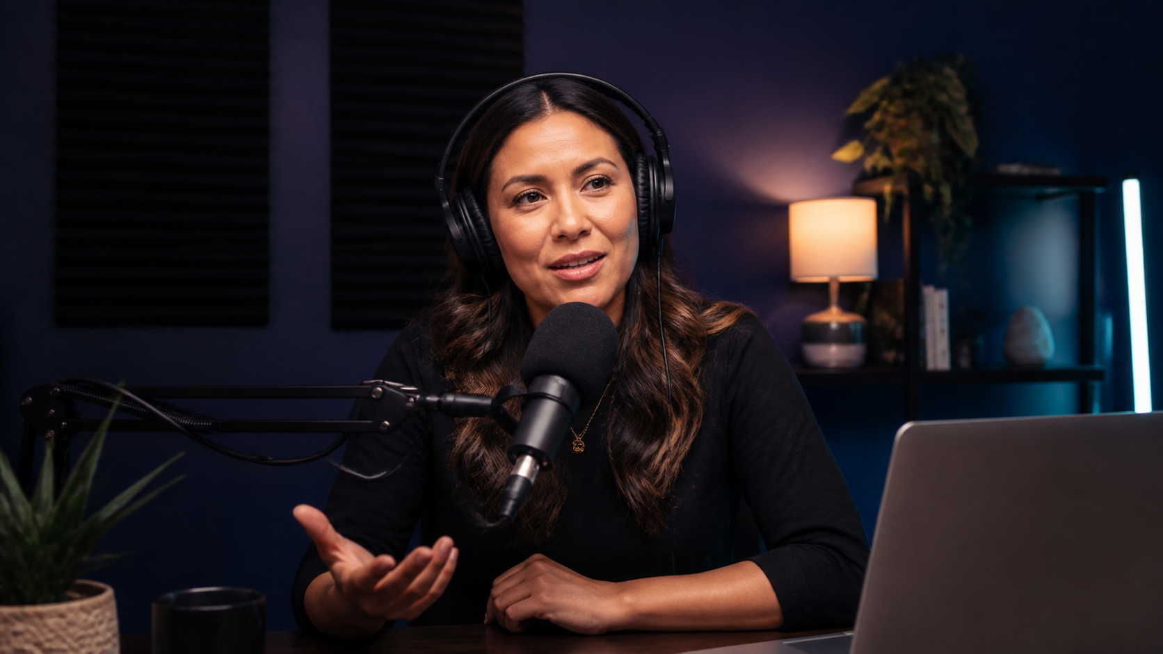 A podcast host preparing to interview a remote guest live
