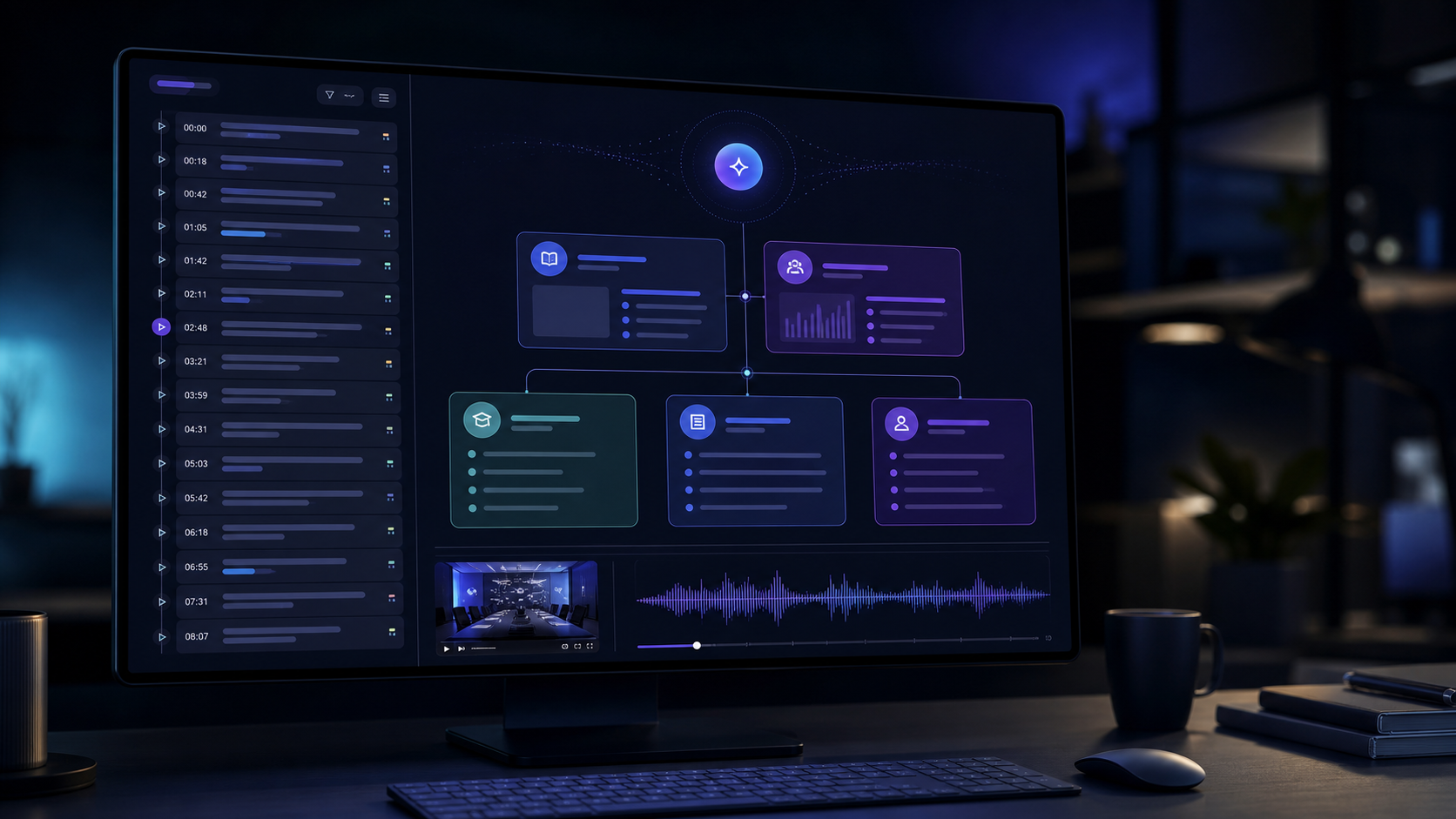 A Podsplice transcript workspace with time-coded sections and useful document outputs