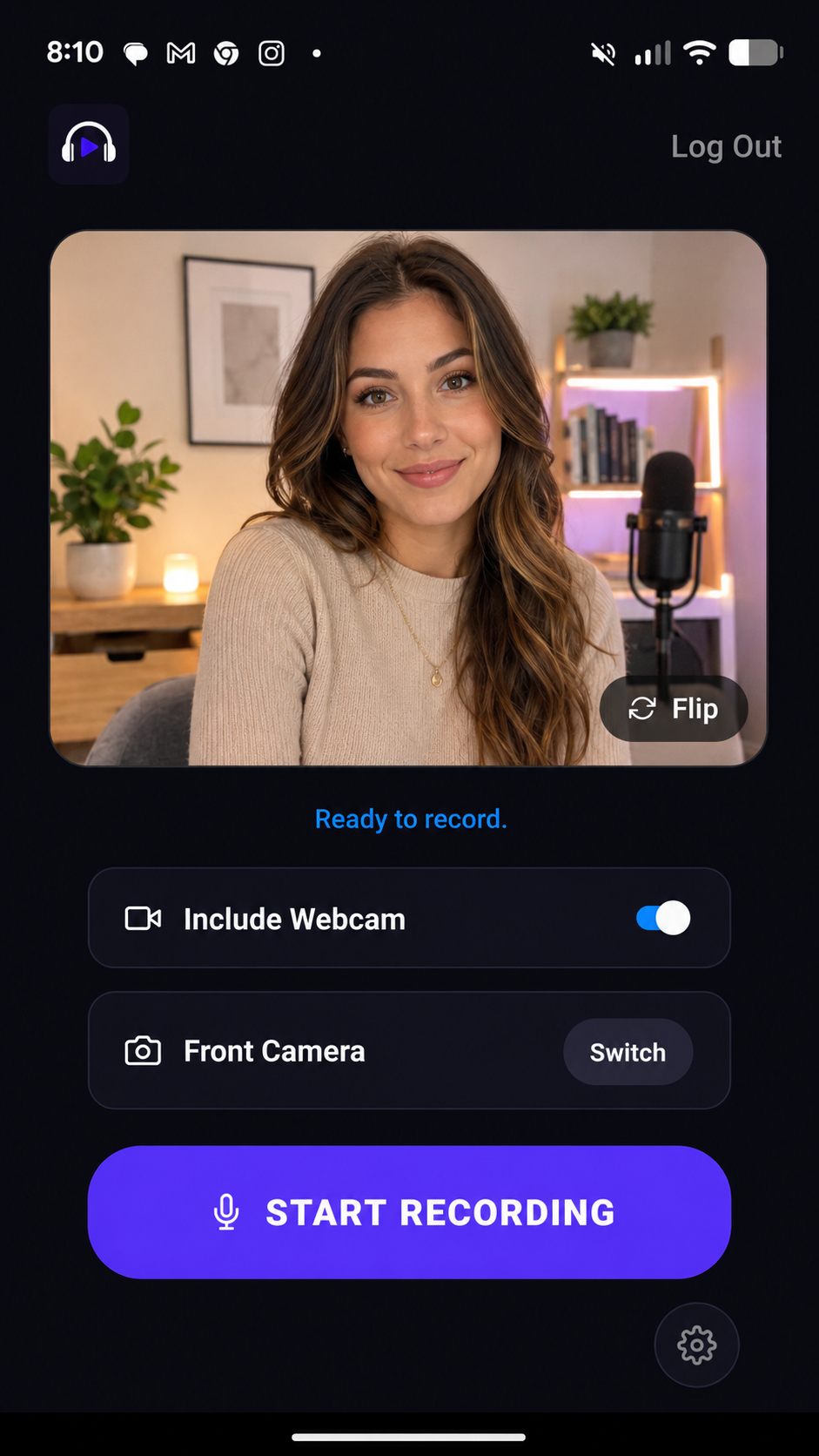 Podsplice Android app ready to record with a generated creator camera preview