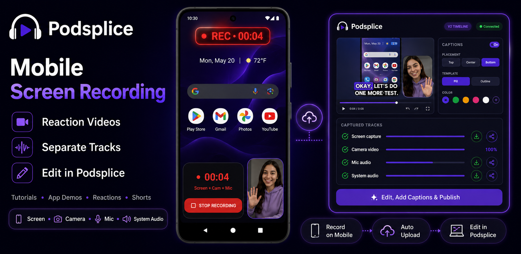 Podsplice mobile app editor with captions, preview, and recording controls