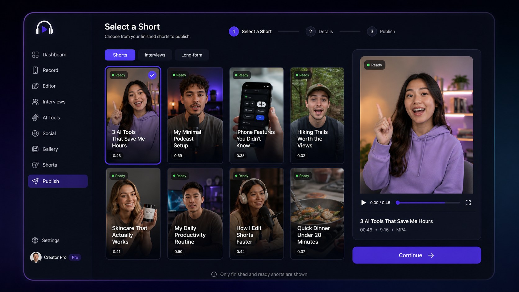 Choose and preview a short in the Podsplice social publishing wizard