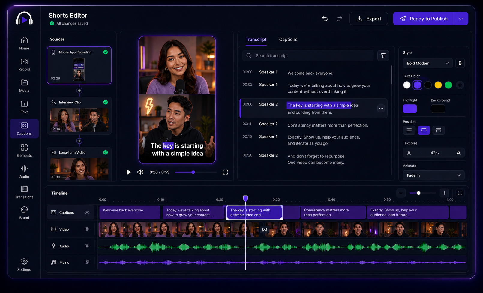 Polished Podsplice editor creating a captioned short before publishing