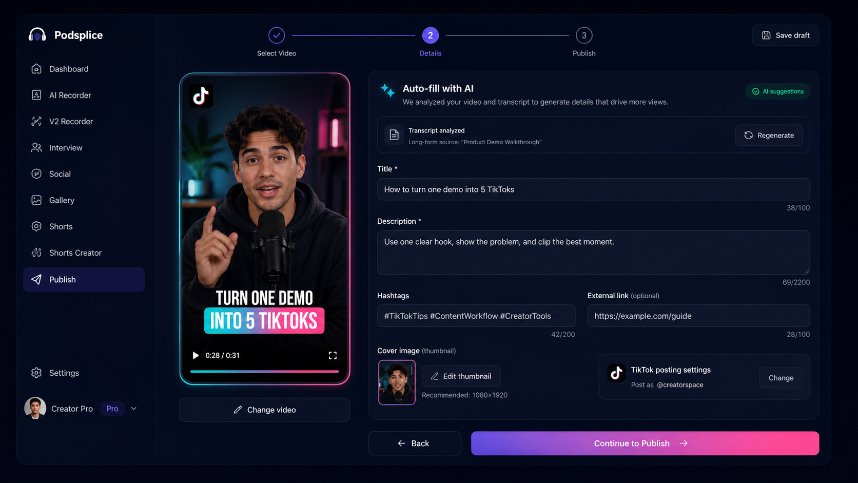 Polished Podsplice AI auto-fill workflow for TikTok post details