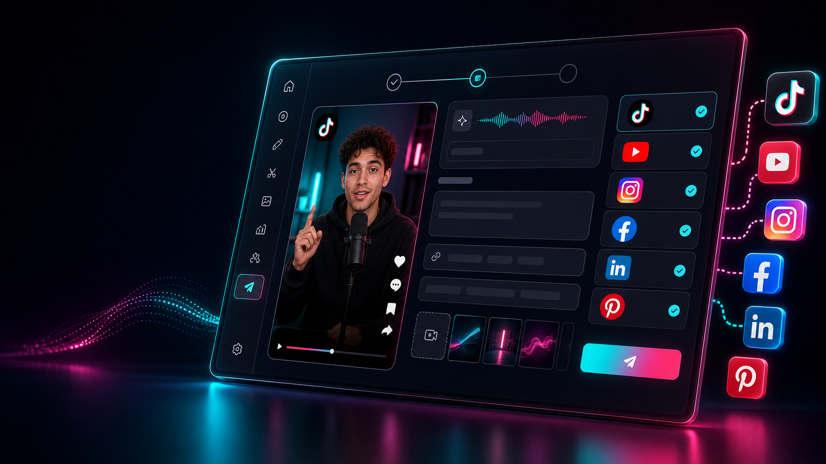 Polished Podsplice TikTok publishing workflow with a creator video preview and connected social channels